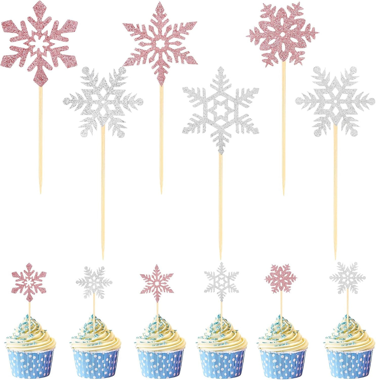 Snowflake Cupcake Toppers, 24PCS Glitter Winter Frozen Cupcake Picks Cake Decorations, Pink and Silver Snowflake Food Picks Topper for Christmas Winter Wonderland Baby Shower Party Decoration Supplies