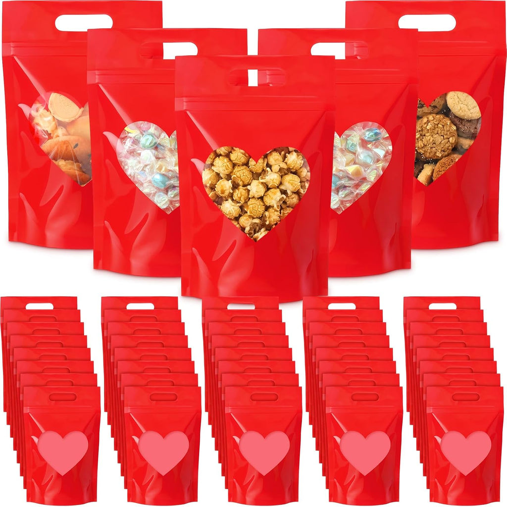 Engrowtic 100 Pcs Red Heart Treat Bags Resealable Red Zipper Bag with Heart Shaped Windows Plastic Gift Goodie Bags with Handles for Wedding Party Favor Supplies