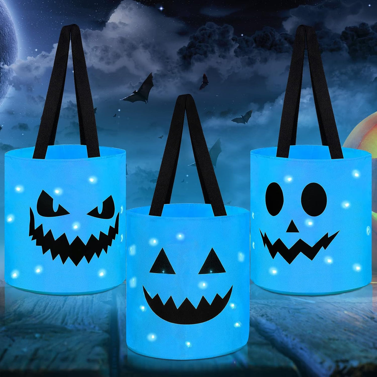 Sadnyy 3 Pcs Halloween Trick or Treat Bag Light Up,Blue