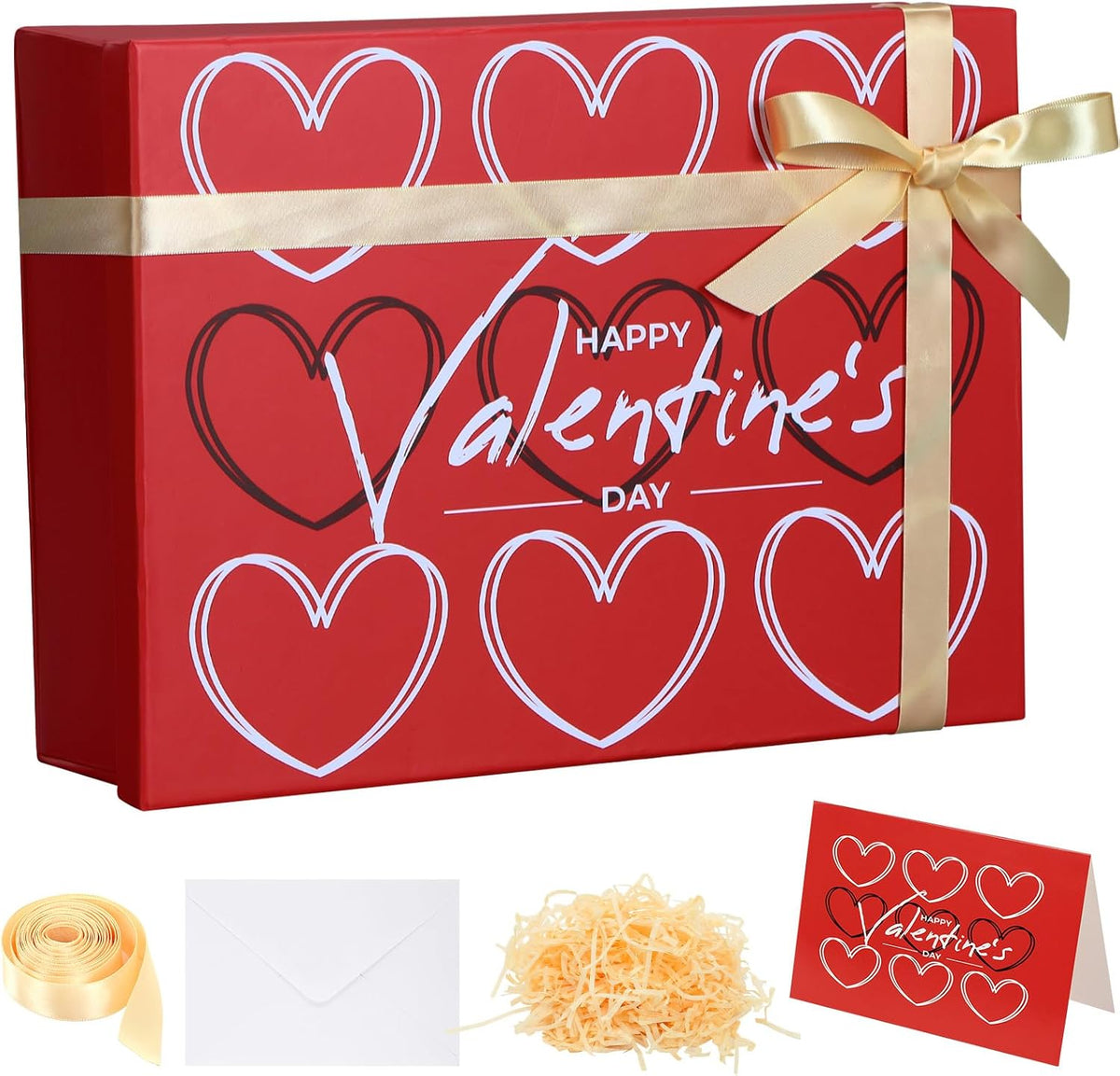 Ctosree 13.5 x 10 x 4 Inch Large Happy Valentine's Gift Box with Lid for Presents, Red Large Heart Luxury Foldable Cardboard Box for Gift Packing, Contains Card, Envelope, Ribbon, Raffia Grass