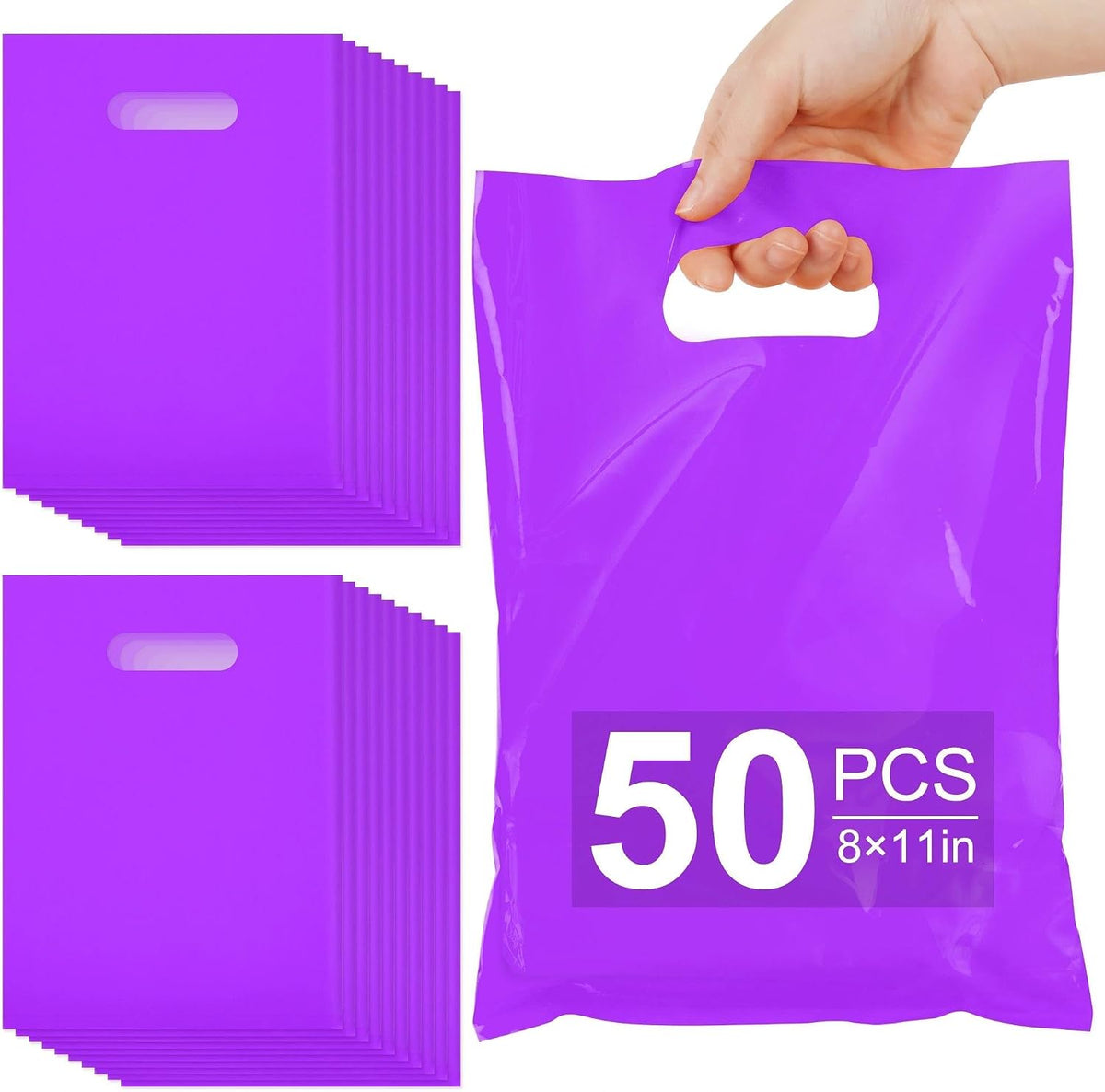 VieFantaisie 50 PCS Purple Party Favor Bags, 8" x 11" Goodie Bags for Candy Treat Craft Easter Egg, Plastic Gift Bag with Die Cut Handles for Birthday Party, School Events & Small Business, Wedding