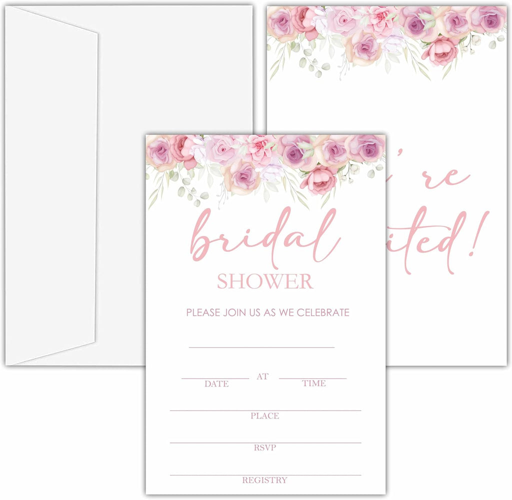 Bridal Shower Invitations, 25 Pink Floral Invites with Envelopes for Bridal Shower Reception Engagement Party, Garden Flower Wedding Party Cards - B10