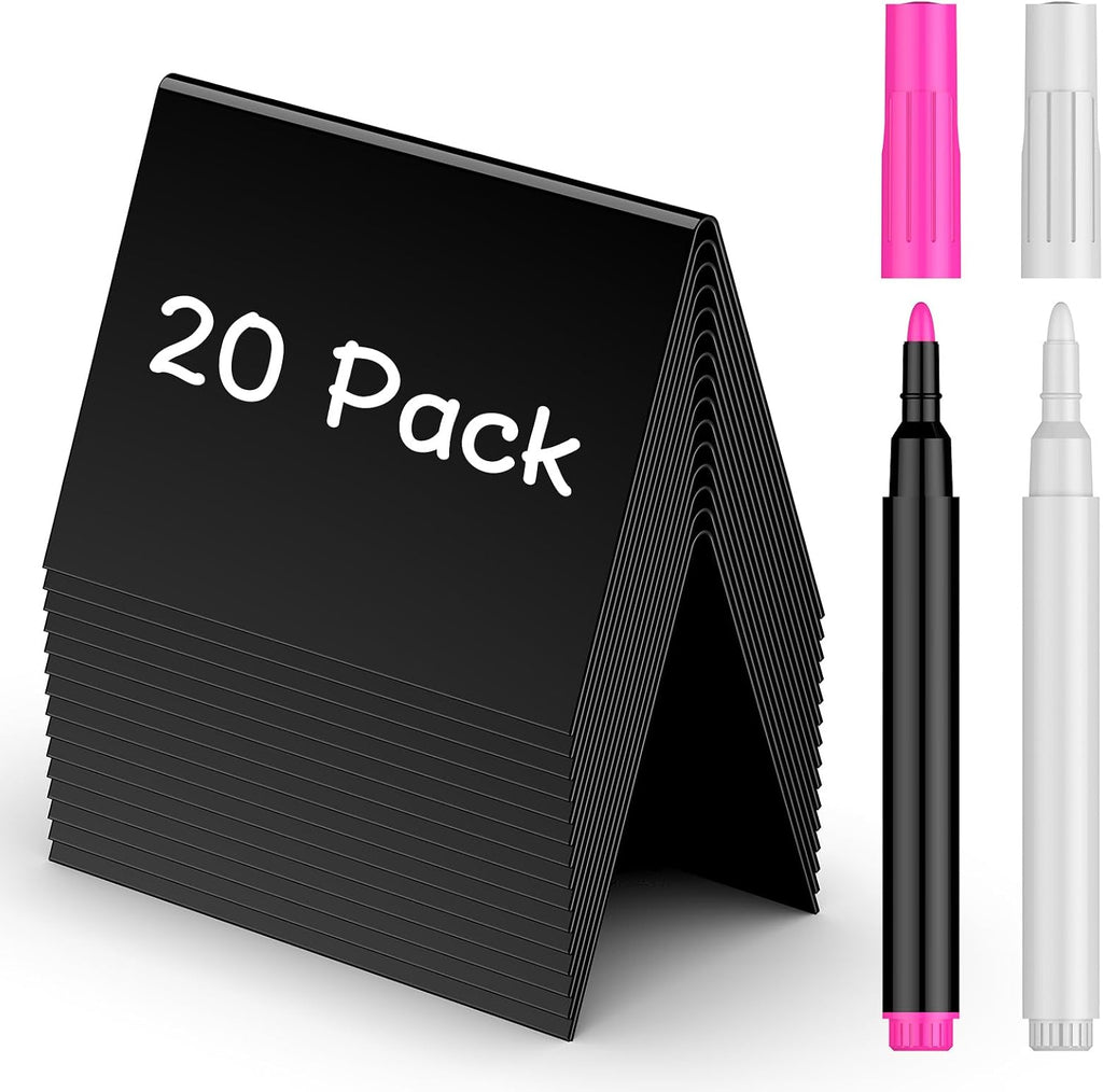 Uniclife 20 Pack Mini Chalkboard Signs for Food, Small Chalkboard Signs with Chalk Markers, Reusable Glossy PVC Food Signs Food Labels for Party Buffet Wedding, Blackboard Place Cards Table Signs