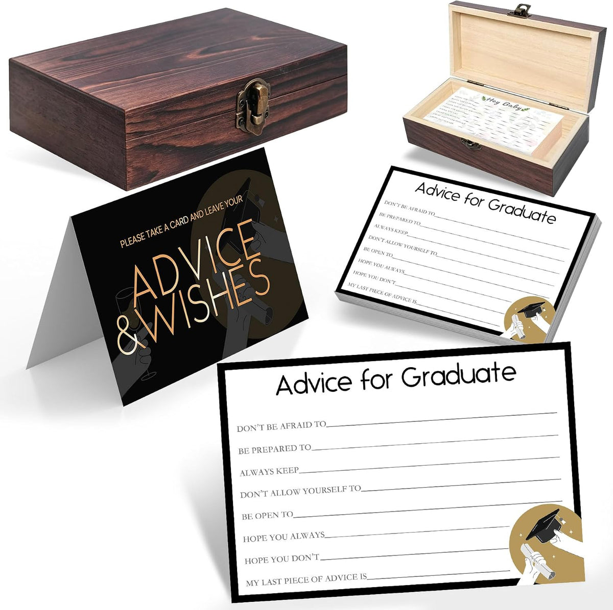 Graduation Advice Cards 2026 with Decorative Wood Box - 60 Pack 250GSM Wishes & Advice Cards for Graduate - High School & College Graduation Party Decorations, Guest Book Alternative, Sign Set