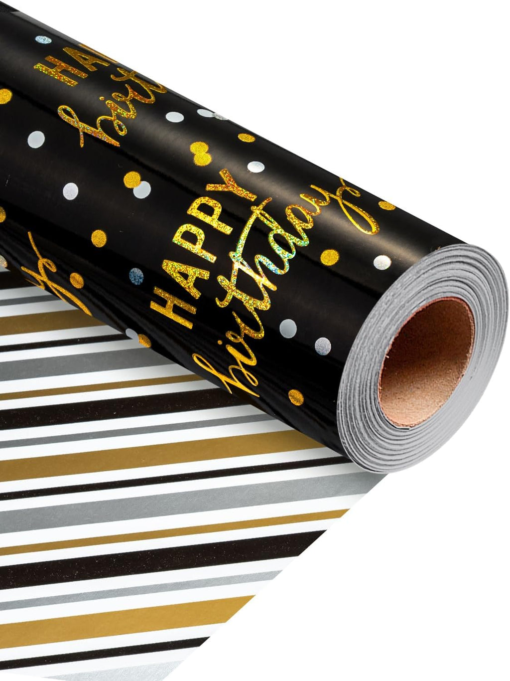 MAYPLUSS Birthday Wrapping Paper Roll, Black Metallic Holographic Happy Birthday Wrapping Paper Featuring Revesible Stripe Gift Wrap Paper for Boys Kids Girls Men, 17 Inches x 33 Feet
