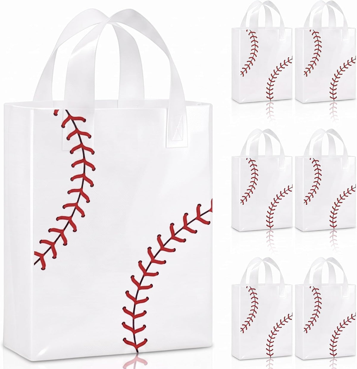 Pajean 24 Pcs Baseball Clear Plastic Gift Bags with Handles, 5.9 x 8.7 x 3.1 Inch Gameday PE Treat Bags, Red Stitching Candy Goodie Pouches for Team Parties, Sports Banquets, Birthday Event Supplies