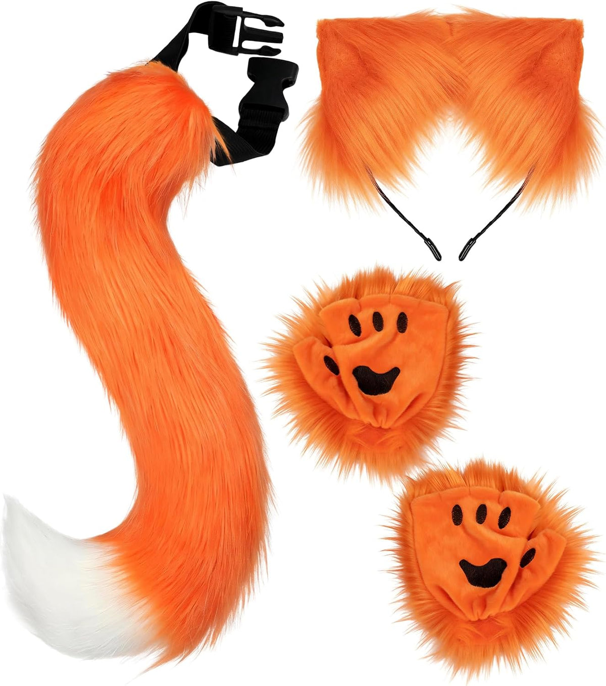 Cat Ears and Tail,Wolf Fox Ears Long Tail and Bell Lace Choker Set for Halloween,Animal Cosplay Party Costume