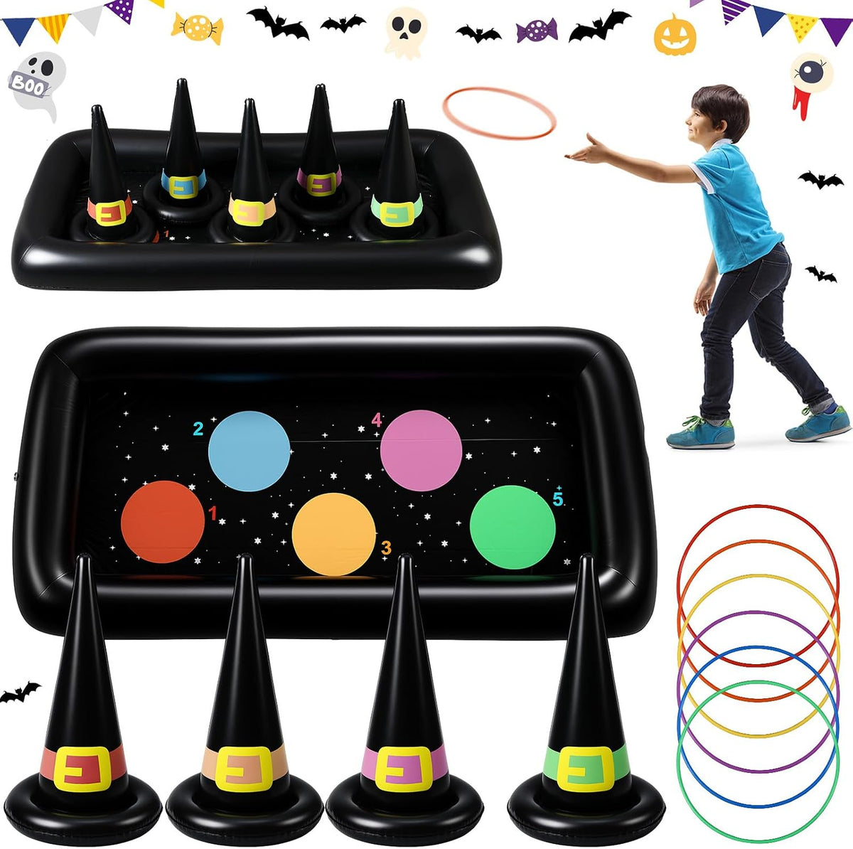 Soulchen Giant Halloween Ring Toss Games Carnival Games Inflatable Witch Hat Ring Toss with Weighted Bottom Witch Hat Rings for Kids Adults Halloween Party Carnival Classroom Outdoor Indoor School