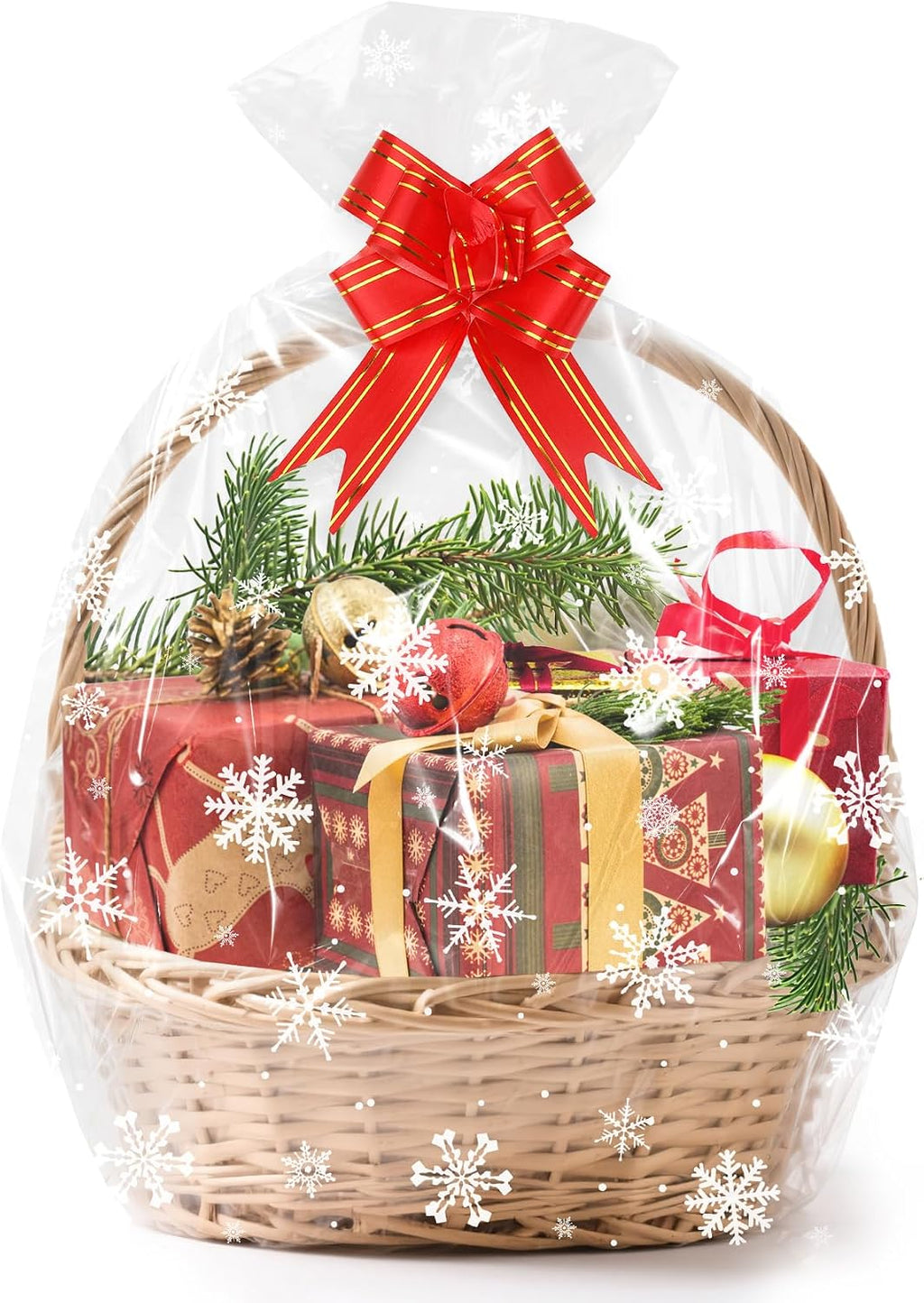 15 Sets Large Christmas Cellophane Bags(20x28 Inch) with Pull Bows Clear Snowflake Xmas Gift Goodie Basket Stocking Stuffers Wrap Holiday Christmas Birthday Party Decorations Favors Supplies Baggies