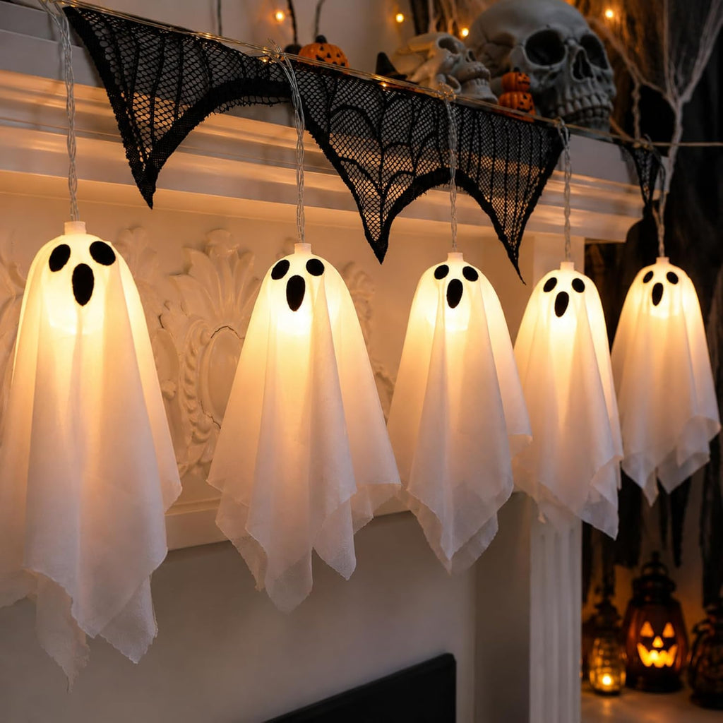 Halloween Lights Outdoor Indoor 10FT 10 LED 3D Ghost Lights Halloween String Lights Battery Operated Ghost Garland with Lights, Halloween Decorations for Mantle Fireplace Porch Yard Window Party Decor