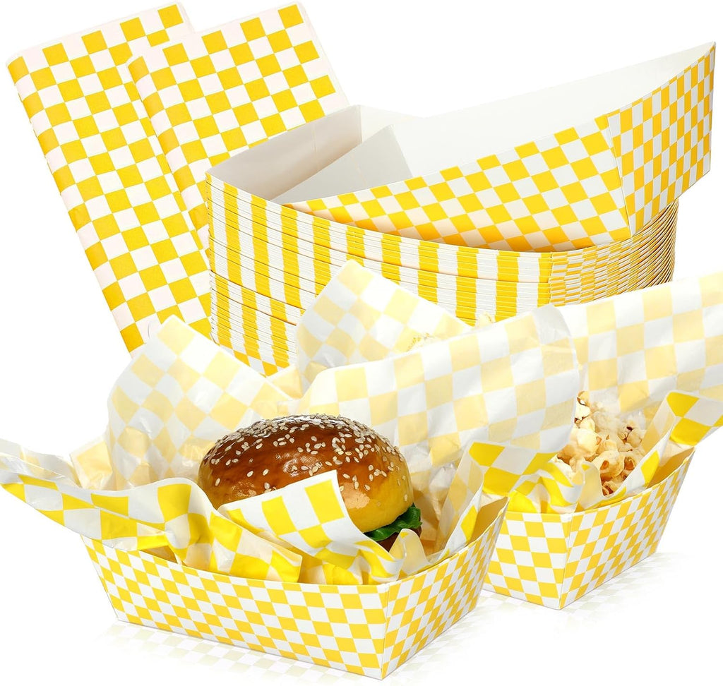 Geosar 100 Pcs Gingham Paper Food Tray with Wax Paper,Yellow White