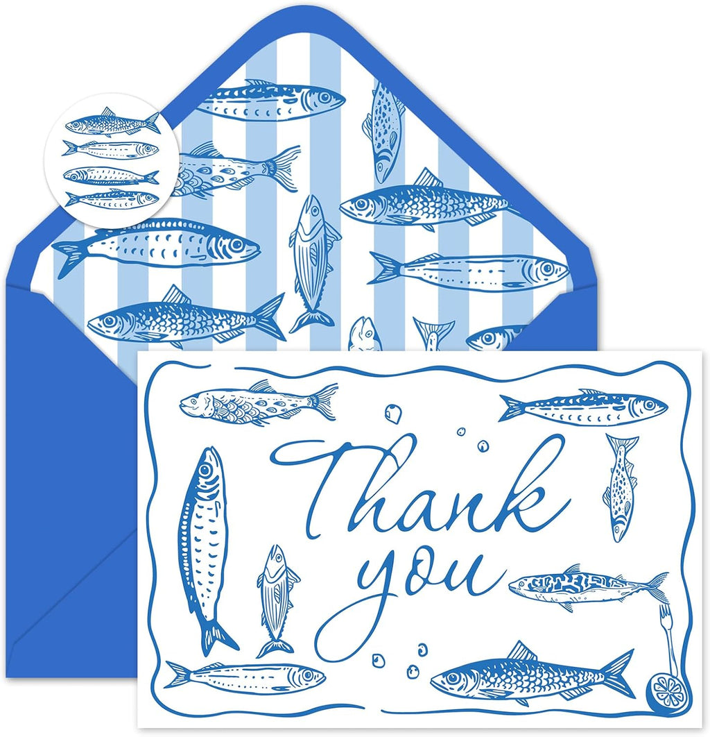 Whaline 24 Pack Sardine Thank You Cards Blue Fish Market Greeting Card with Envelope Sticker Blank Note Card for Summer Coastal Theme Birthday Baby Shower Dinner Party
