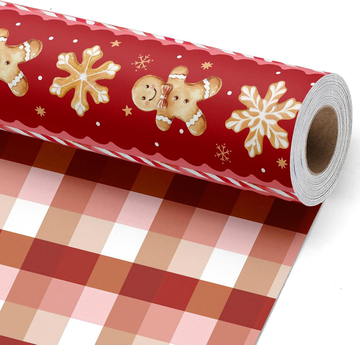 BIOBROWN Christmas Wrapping Paper Red Gingerbread Man & Plaid Design