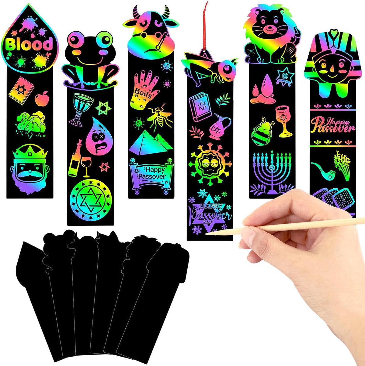 JUNEBRUSHS 30Pcs Passover Scratch Bookmarks, Rainbow Magic Scratch Paper Art Passover DIY Craft Kit for Students Classroom Activity Party Favors