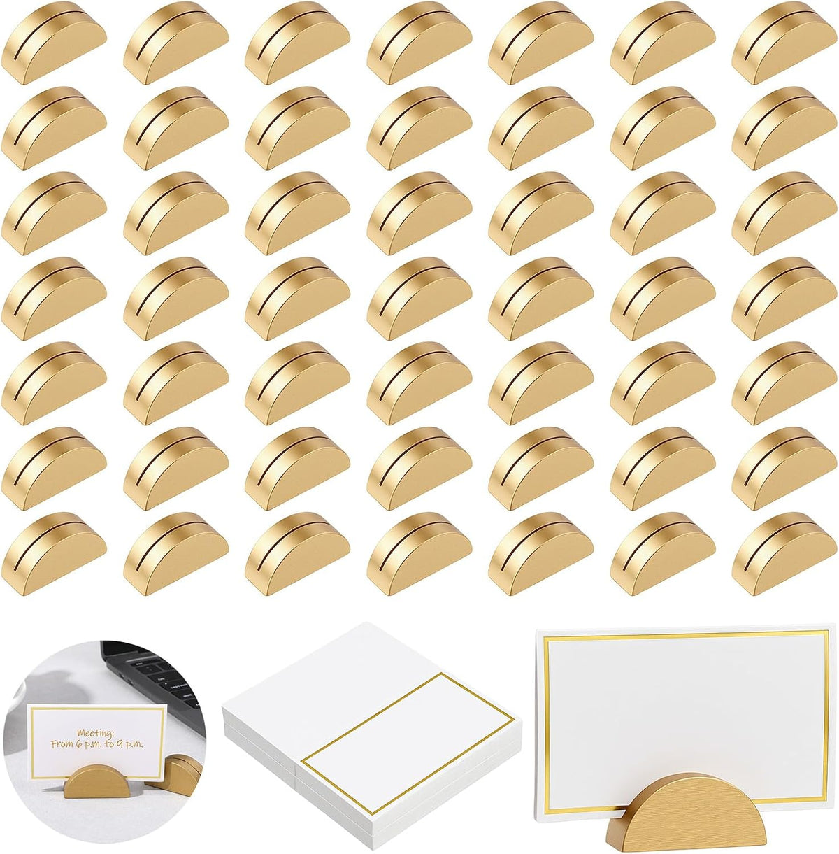 50 PCS Gold Table Number Holders, Wooden Place Card Holders with 50 PCS Cards Semicircular Table Number Stands for Restaurant, Wedding, Birthday Party Plates, Menus and Photos