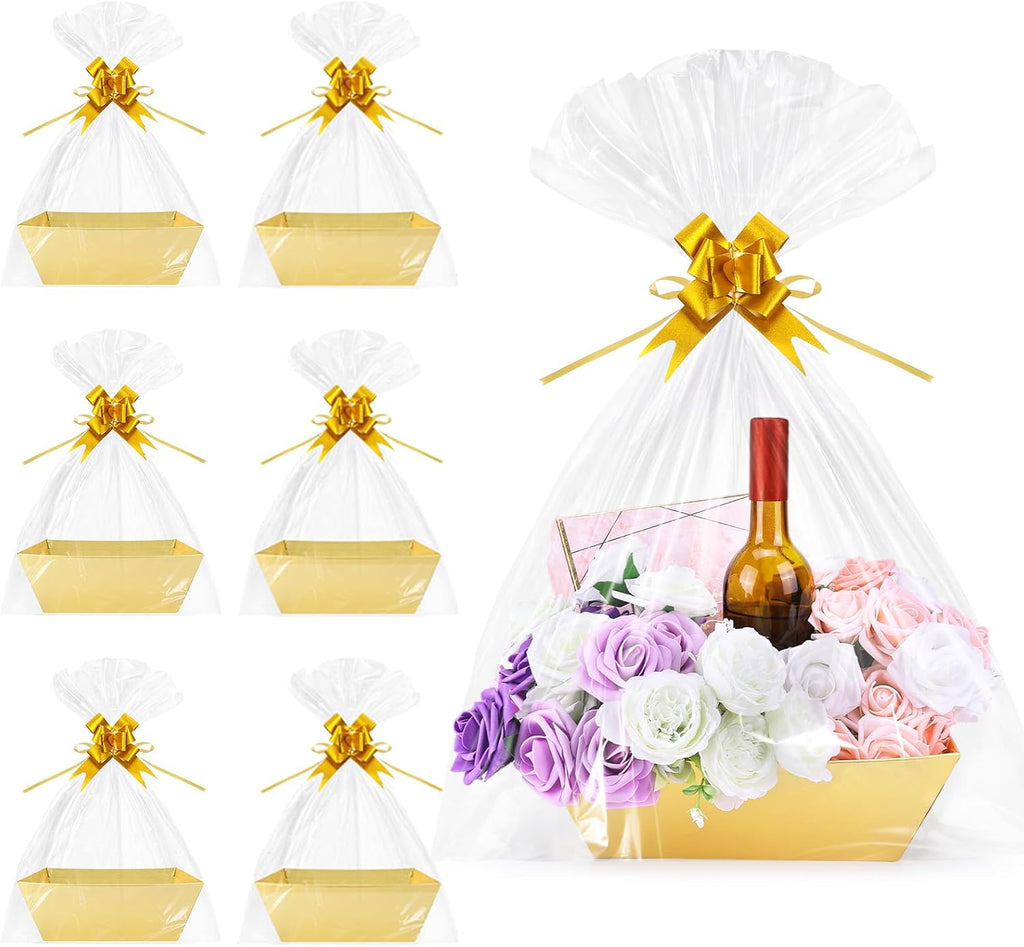 AFOROEOA 6 Pack Gold Baskets For Gifts Empty, 10x8" Thick Paper Basket with 6 Clear Bags and 6 Gold Bows, Empty Gift Baskets for Christmas Valentine Easter Birthday Anniversary Luxury Wrapping