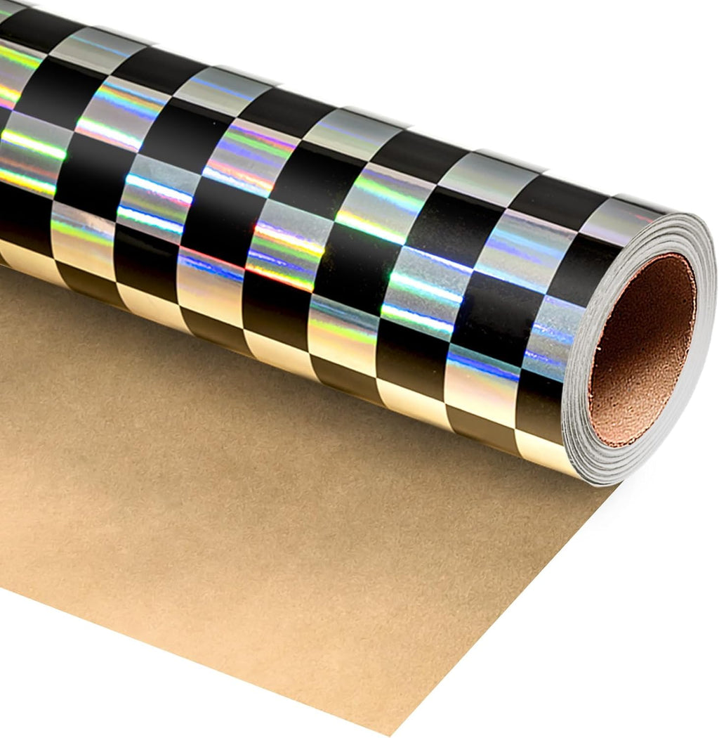 MAYPLUSS Black Gift Wrapping Paper, 17in x 33ft Holographic Checkered Wrap