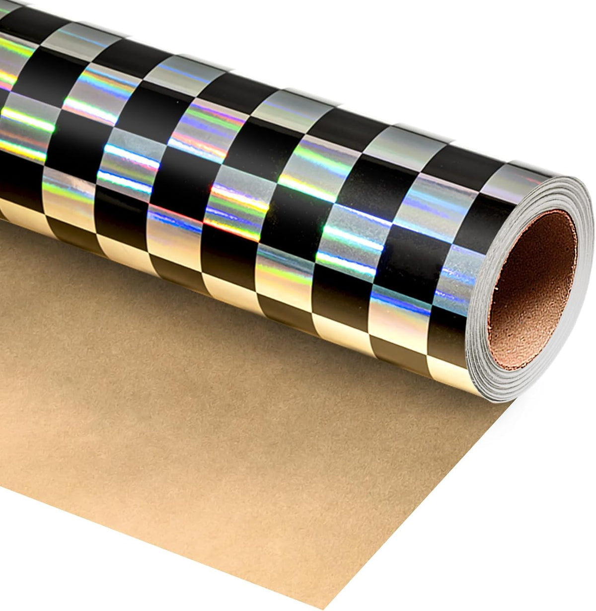 MAYPLUSS Black Gift Wrapping Paper, 17in x 33ft Holographic Checkered Wrap