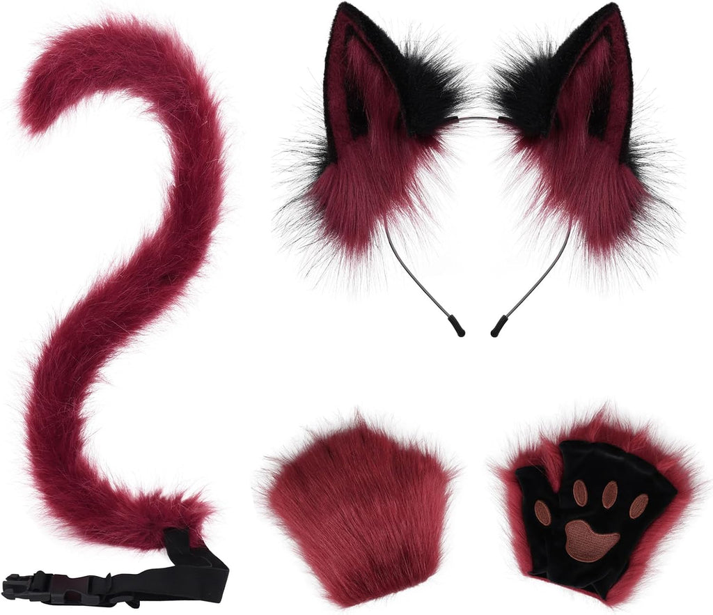 CHOICEONE Cat Fox wolf Ears and Tail Set with Paws Gloves Faux Fur Animal Cosplay Costume Accessories for Halloween Party