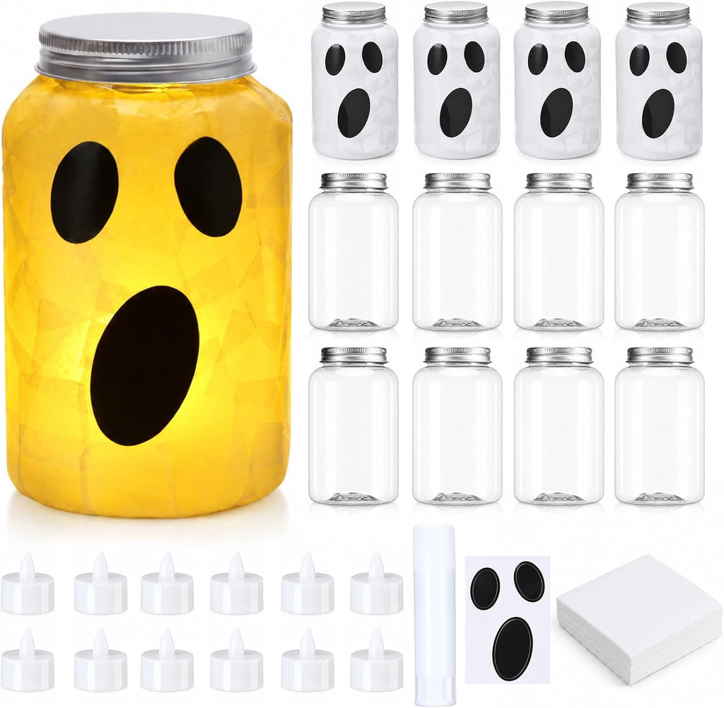 Qinyoung 12 Pcs Halloween Spooky Ghost Mason Jars Crafts with LED light