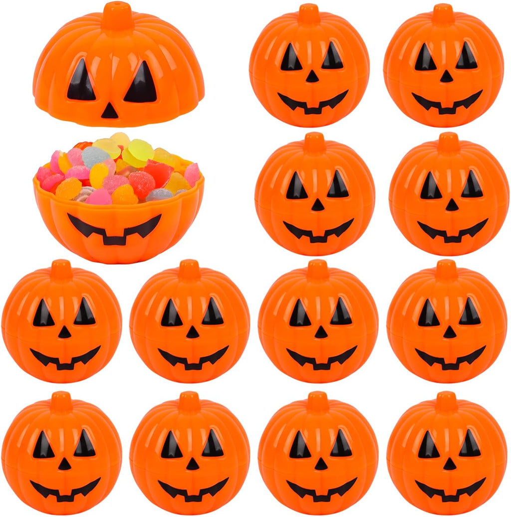 FOIMAS Halloween Pumpkin Candy Box, 12pcs Mini Plastic Pumpkin Containers Fillable Candy Treat Storage Box for Trick or Treat Halloween Party Decoration Storing Packaging Snacks Crafts Accessories
