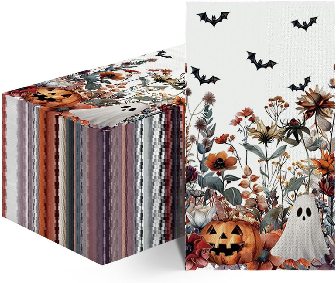 Horaldaily 50Pcs Halloween Paper Napkins, Bat Pumpkin Ghost