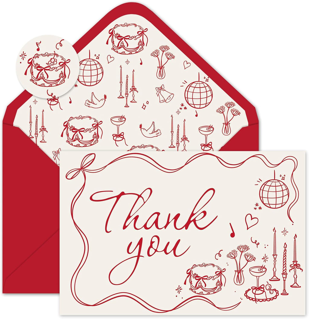Whaline 24 Pack Wedding Thank You Cards Vintage Red Bow Cake Thank You Blank Note Card Greeting Cards with Envelope Sticker for Bridal Shower