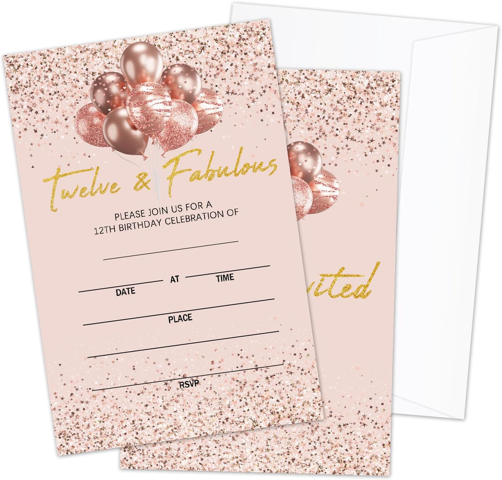 12th Birthday Party Invitations with Envelopes, Rose Gold Twelve & Fabulous Birthday Party Invites, 20 Set Birthday Party Celebration Supplies & Favors - 03