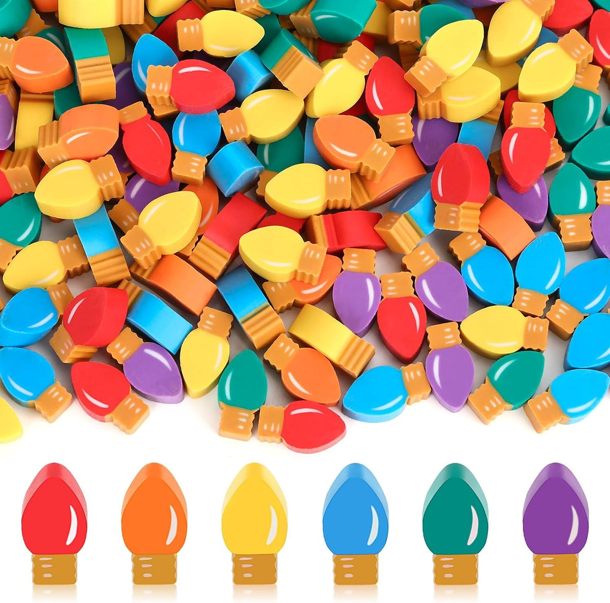 JUNEBRUSHS 150Pcs Christmas Erasers for Bulk, Cute Mini Light Bulb Erasers