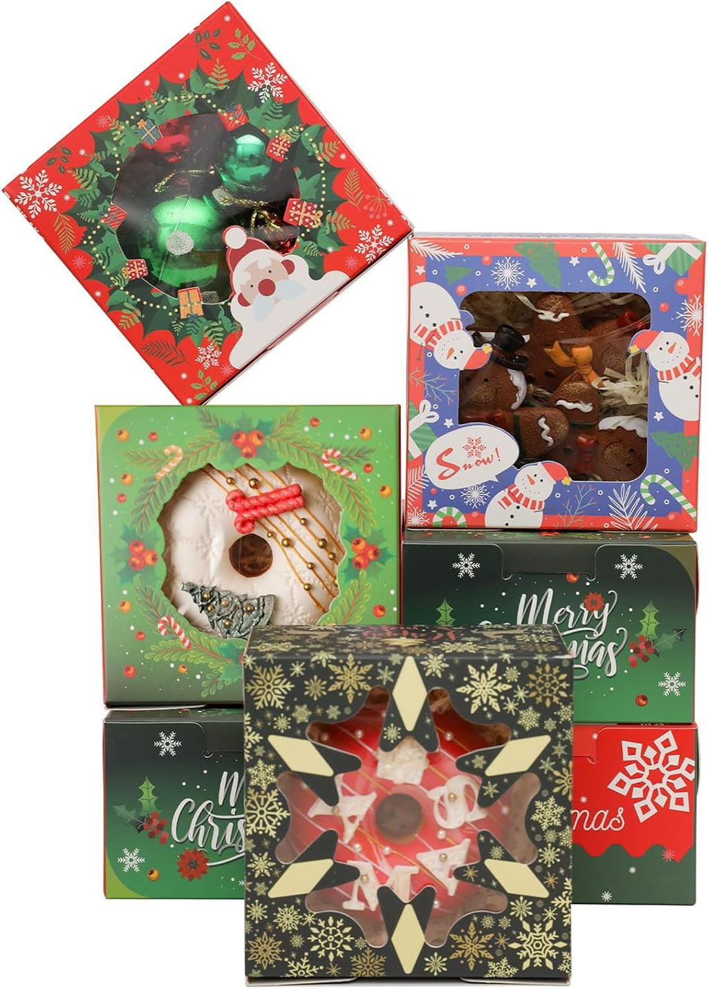 qiqee Christmas Bakery Boxes with Window 52pcs 4x4x2.5 Inch Mini Cookie Boxes Macaron Boxes Small Donut Pastry Boxes for Christmas