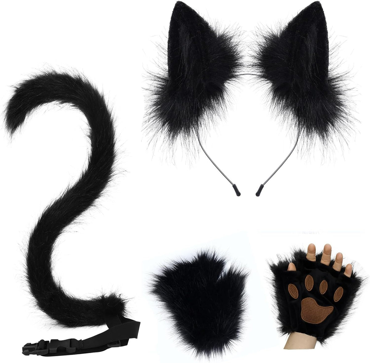 CHOICEONE Cat Fox wolf Ears and Tail Set with Paws Gloves Faux Fur Animal Cosplay Costume Accessories for Halloween Party