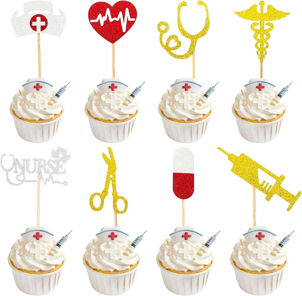Nurse Cupcake Toppers, 24 PCS Glitter Nurses Week Cupcake Picks, Nursing School Graduation Food Picks Cupcake Toppers Cake Decorations for National Nurse Day Nursing Graduation Congrats Party Supplies