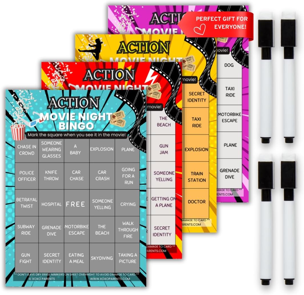 XOXO Parents Movie Night Bingo Cards, Reusable Supplies - Action