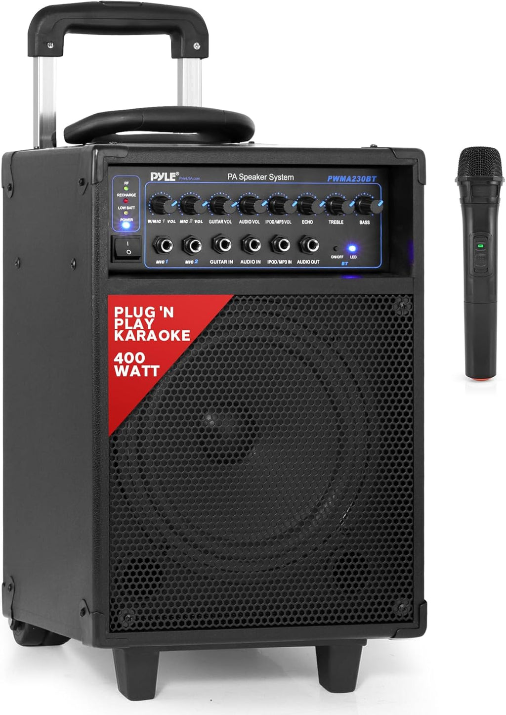 Pyle Wireless Portable PA System-400W Bluetooth Compatible Rechargeable Battery Powered Outdoor Sound Stereo Speaker Microphone Set w/Handle, Wheels-1/4 to AUX, RCA Cable (PWMA230BT)