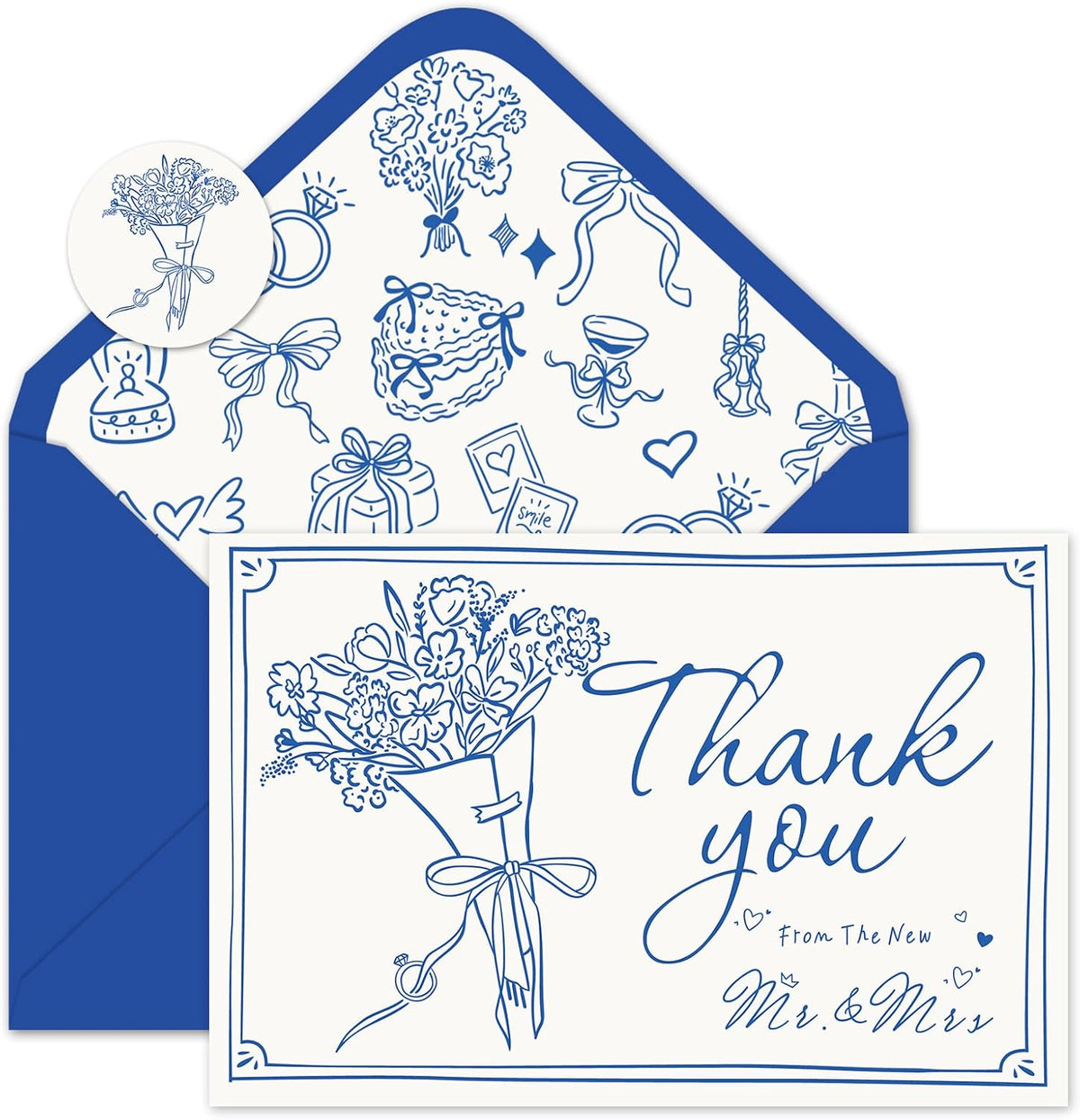 Whaline 24 Pack Wedding Thank You Cards Blue The New Mr & Mrs Flower Bouquet Thank You Blank Note Card Greeting Card with Envelope Sticker for Bridal Shower