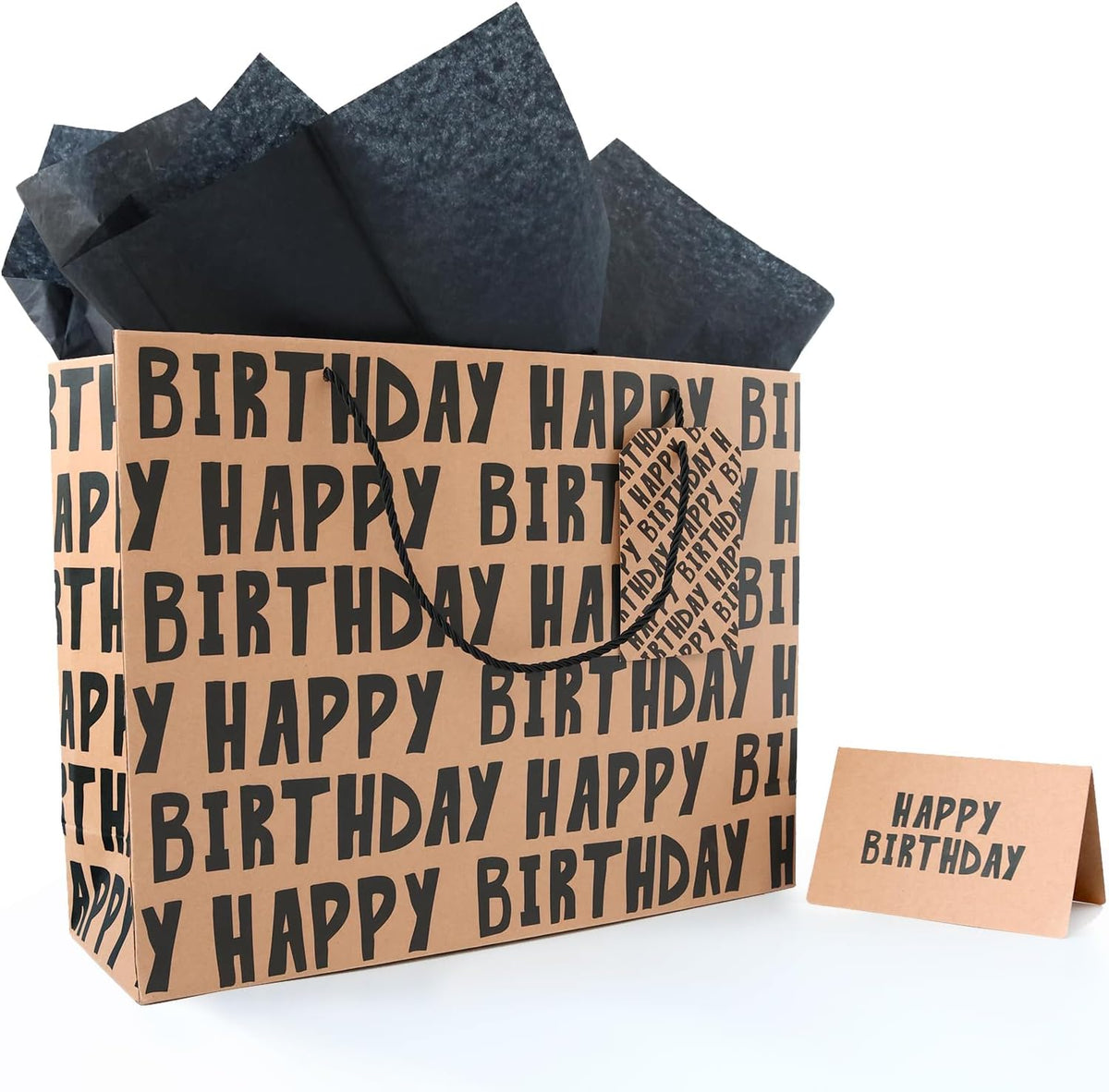 JAYTEM Birthday Gift Bag, 16.5" Kraft Paper Large Gift Bag, Classic Black Lettering Design Happy Birthday Bag Set with Greeting Card, Tag, Envelope & Tissue Paper for Men, Boys, Kid