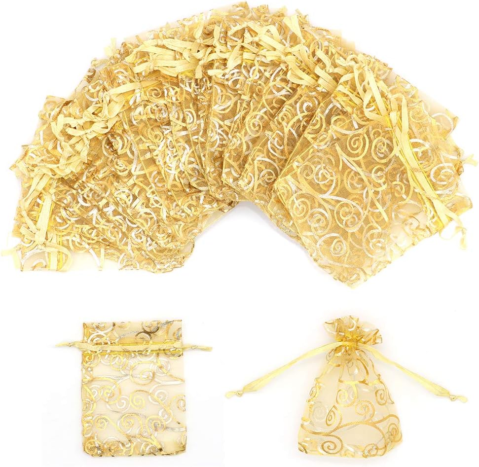Staruby Organza Gift Bags 100pcs Gold Sheer Bag 3x4 Inch Mesh Favor Bags