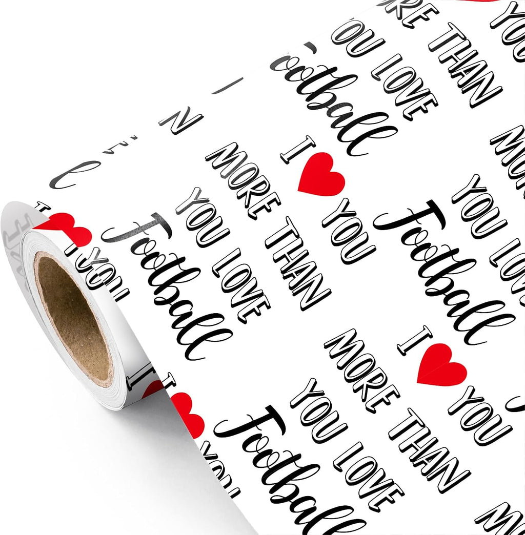 WRAPAHOLIC Funny Valentines Day Wrapping Paper Roll - Mini Roll - 17 Inch x 16.5 Feet - I Love You More Than Football Wrapping Paper for Valentine's Day, Anniversary, Sports Lover, Boyfriend