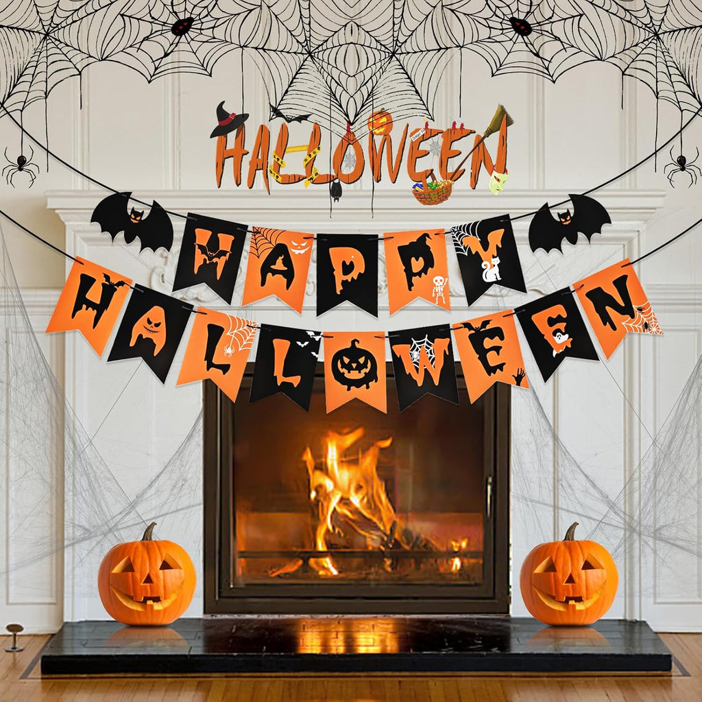 AhfuLife Happy Halloween Banner, Halloween Garland Bunting Decorations Sign for Indoor Outdoor Home Party Supplies
