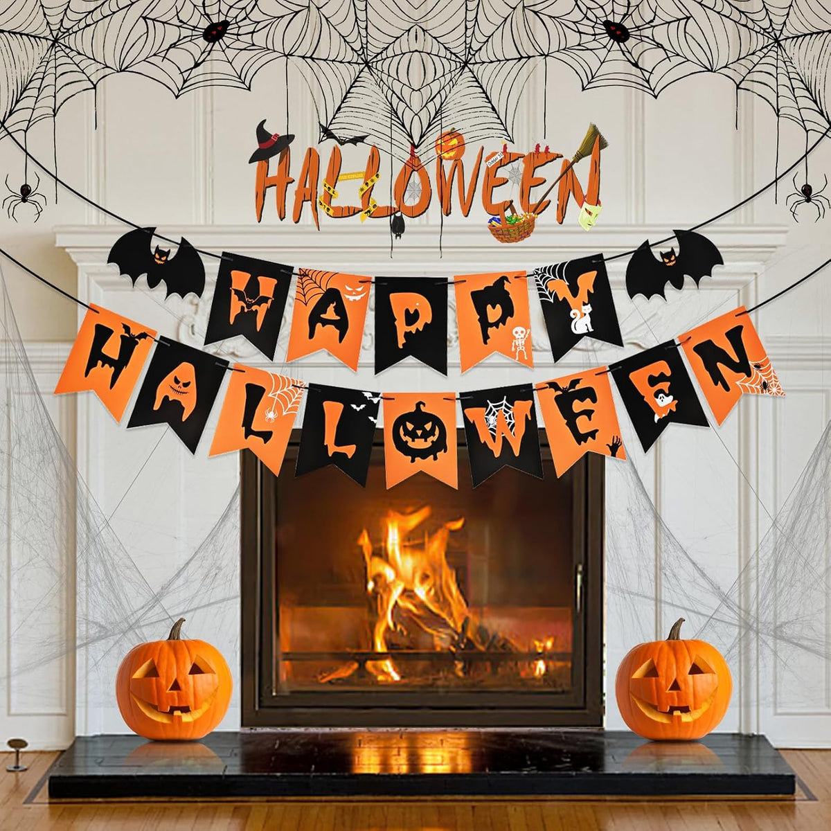 AhfuLife Happy Halloween Banner, Halloween Garland Bunting Decorations Sign for Indoor Outdoor Home Party Supplies