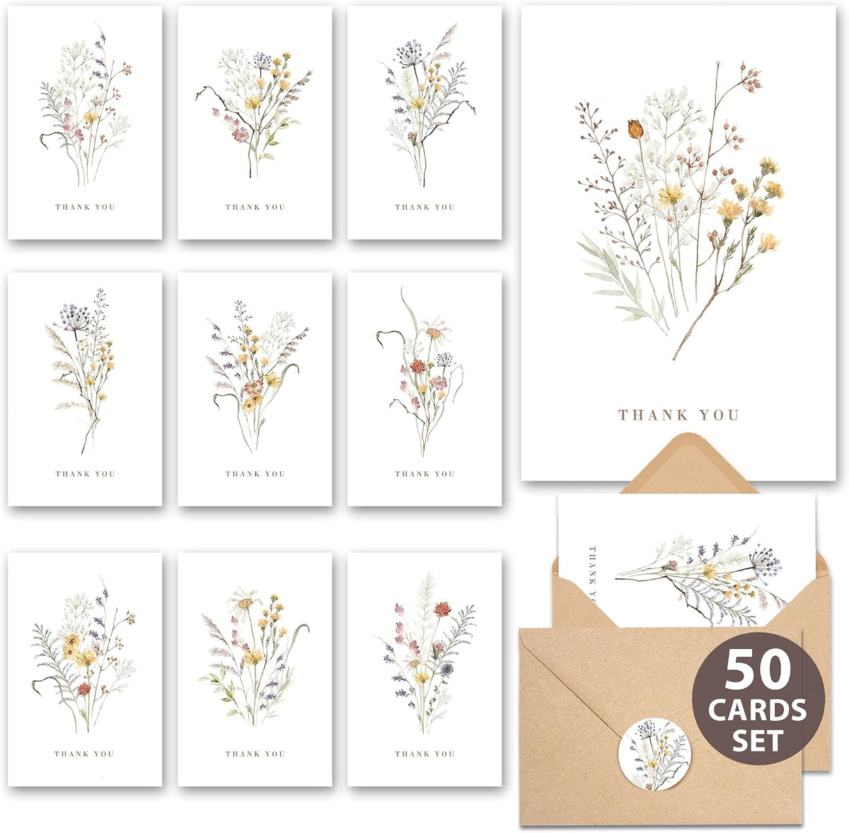AUDREE Wildflower Thank You Cards with Envelopes (50 Pack 3.5" x 5.2") – Floral Thank You Notes with Adhesive Envelopes & Matching Stickers for Weddings, Baby & Bridal Showers