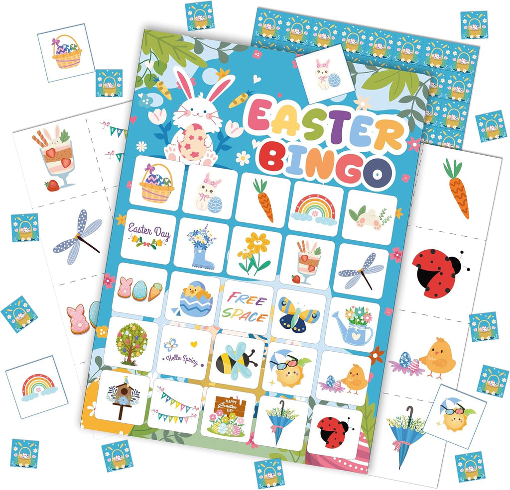 24 Pack Easter Bingo Game Cards - Spring Egg Hunt Party Activities for Adults & Family, 5x7 Inch Premium Cardstock, Bunny & Easter Egg Themed Party Supplies - Includes Caller & Player Chips