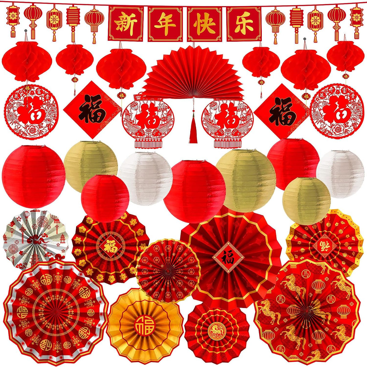 45 Pcs Chinese Lunar New Year Decorations, 2026 Year of the Horse Red Paper Fans Lanterns Lunar Horse Banner Fu Character Window Stickers Luck Hanging Ornaments Vietnamese Tet Party Supplies