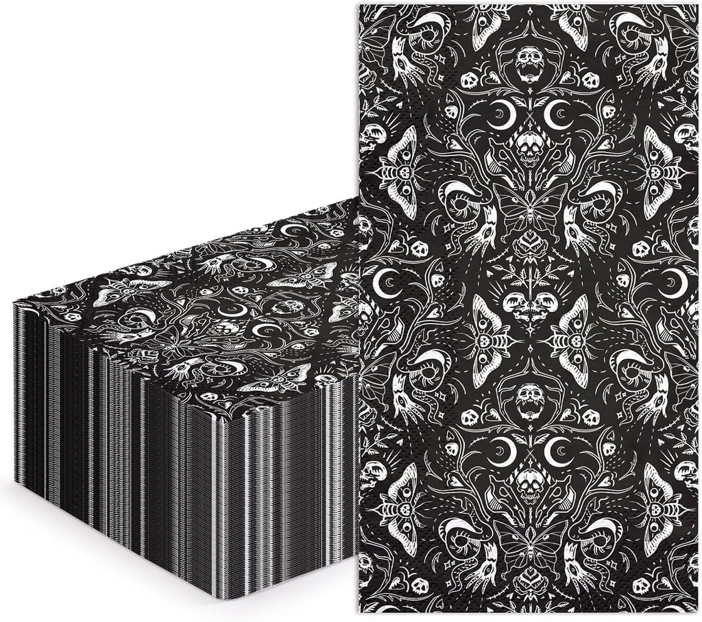WRAPAHOLIC 50Pcs Gothic Halloween Paper Napkins - 3-Ply Black and White Skull Moth Gothic Guest Disposable Hand Towels for Bathroom, Halloween, Birthday, Holiday - 4.3 x 7.9 In
