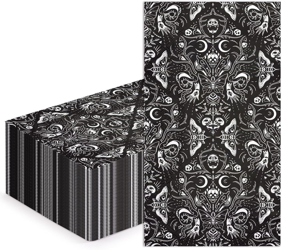 WRAPAHOLIC 50Pcs Gothic Halloween Paper Napkins - 3-Ply Black and White Skull Moth Gothic Guest Disposable Hand Towels for Bathroom, Halloween, Birthday, Holiday - 4.3 x 7.9 In