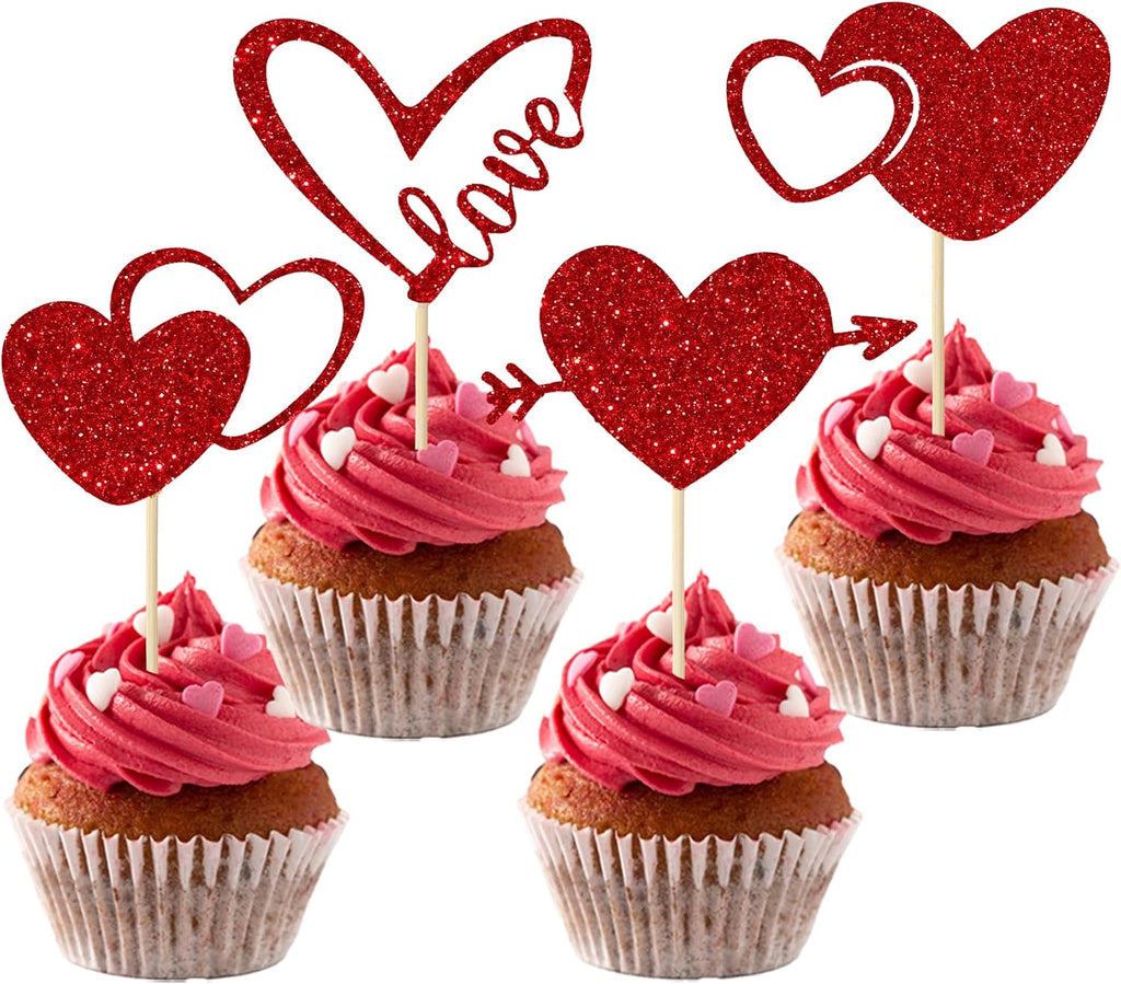 Valentines Cupcake Toppers, 24 PCS Glitter Red Heart Cupcake Picks, Valentines Cake Decorations Heart Love Food Picks Cupcakes Toppers for Valentine's Day Party Decorations Supplies