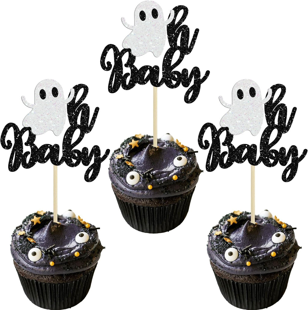Gyufise 24Pcs Halloween Baby Shower Cupcake Toppers Halloween Oh Baby Cupcake Picks Little Boo Cupcake Topper Ghosts Decoration Supplies