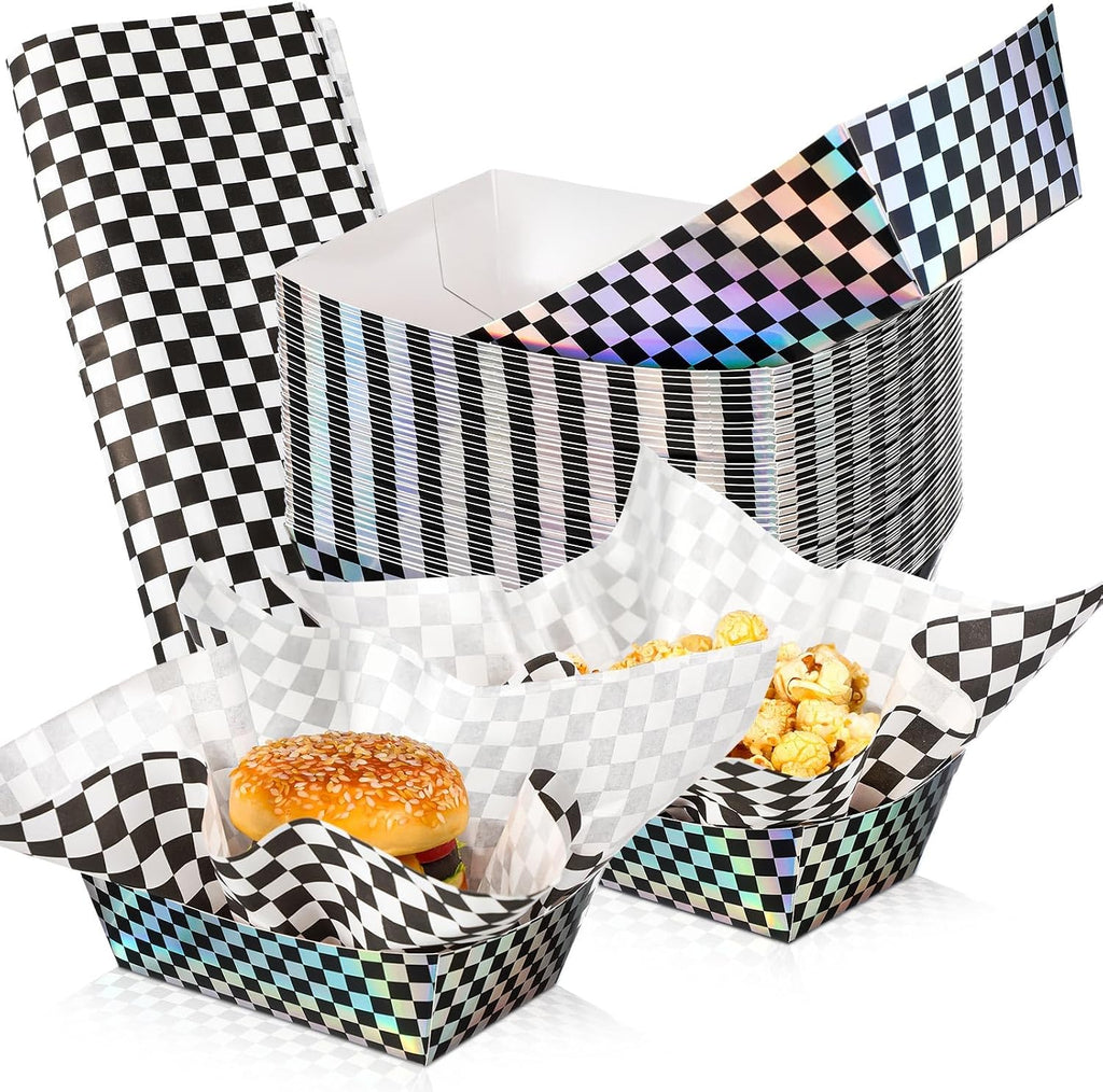 Geosar 100 Pcs Gingham Paper Food Tray with Wax Paper,Iridescent