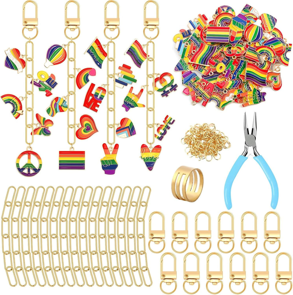 AUGSUN 189Pcs Pride Keychain Making Kit LGBT Rainbow DIY Keychain Craft