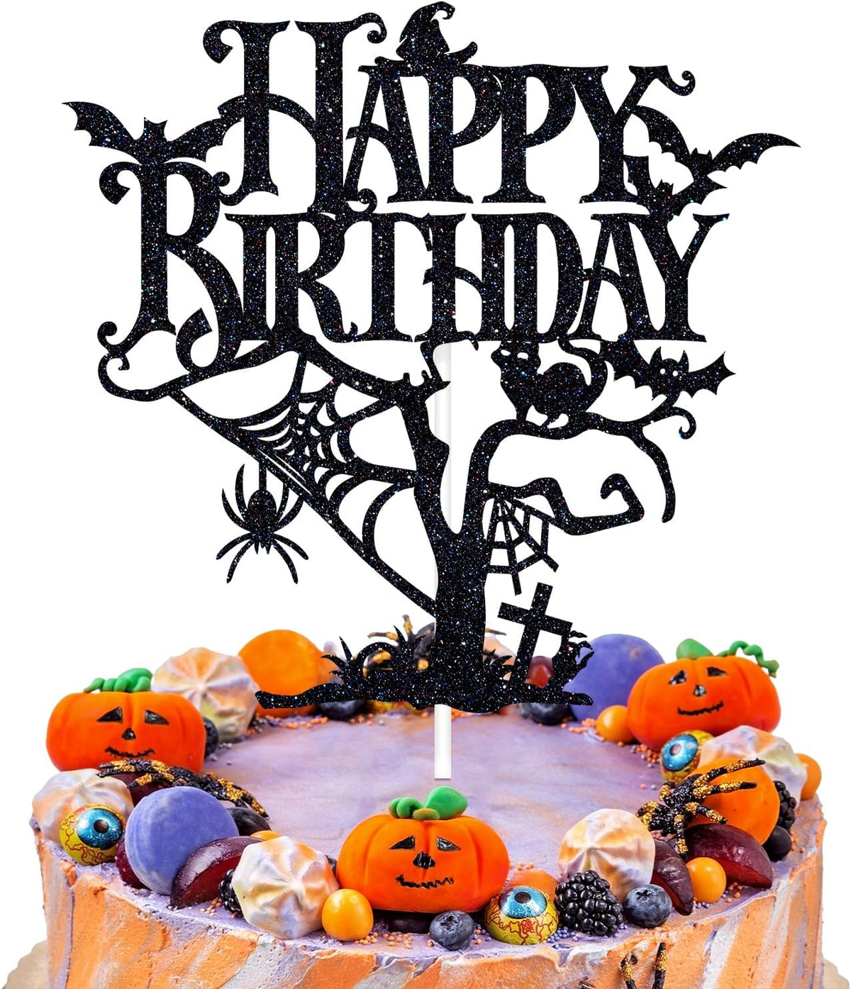 Black Glitter Halloween Happy Birthday Cake Topper, Spooky Haunted House Cake Decor, Creepy Horror Birthday Themed Party Decorations Supplies